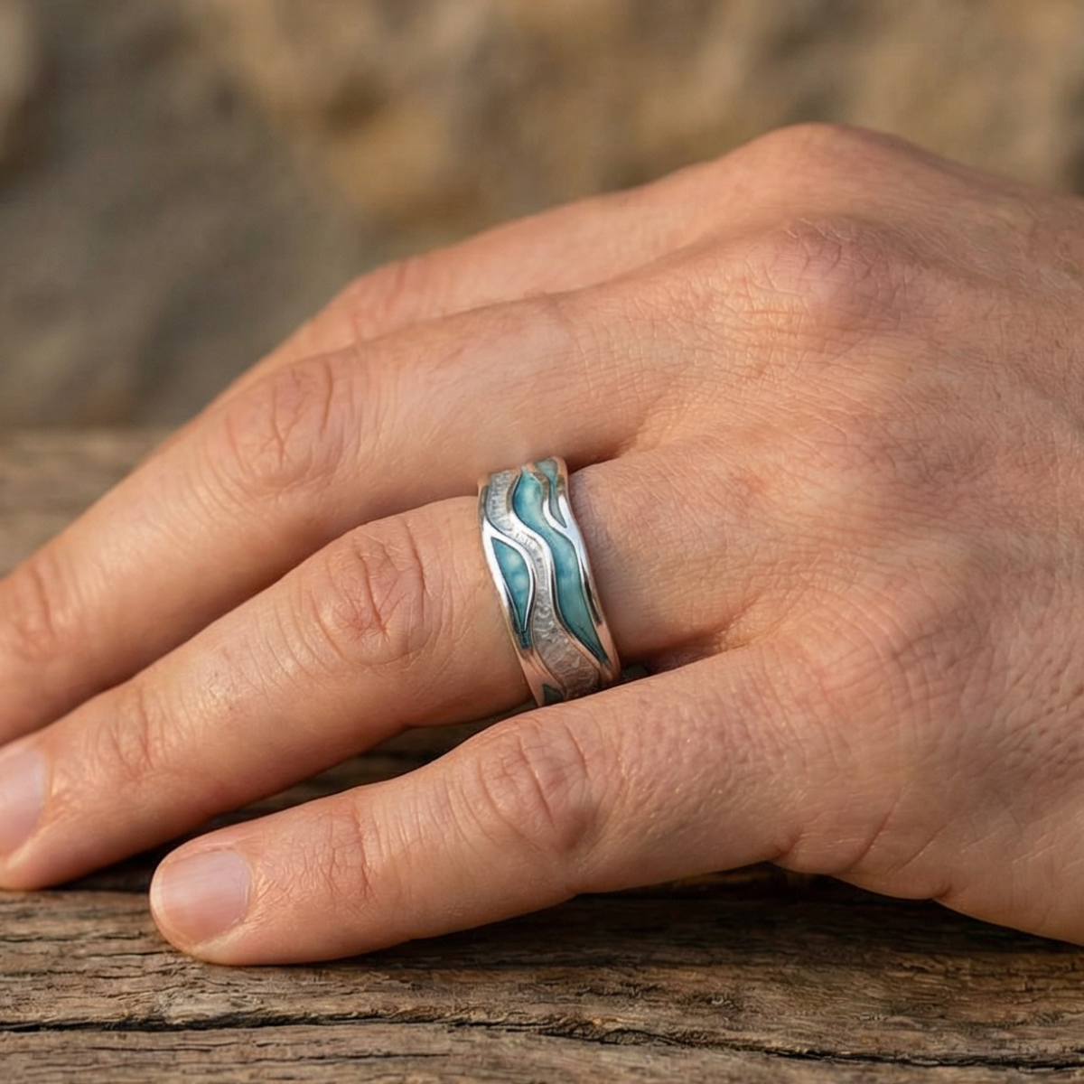 Bague vagues argentées turquoise