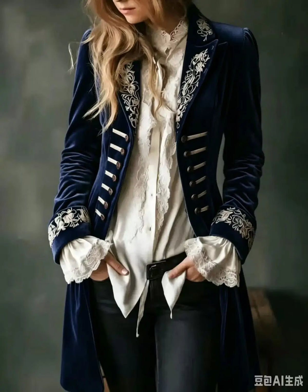 Philomena | Veste longue en velours brodé - Bleu marine