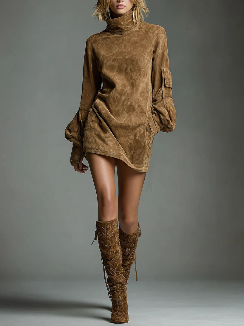 Robe courte oversize en suède à col montant