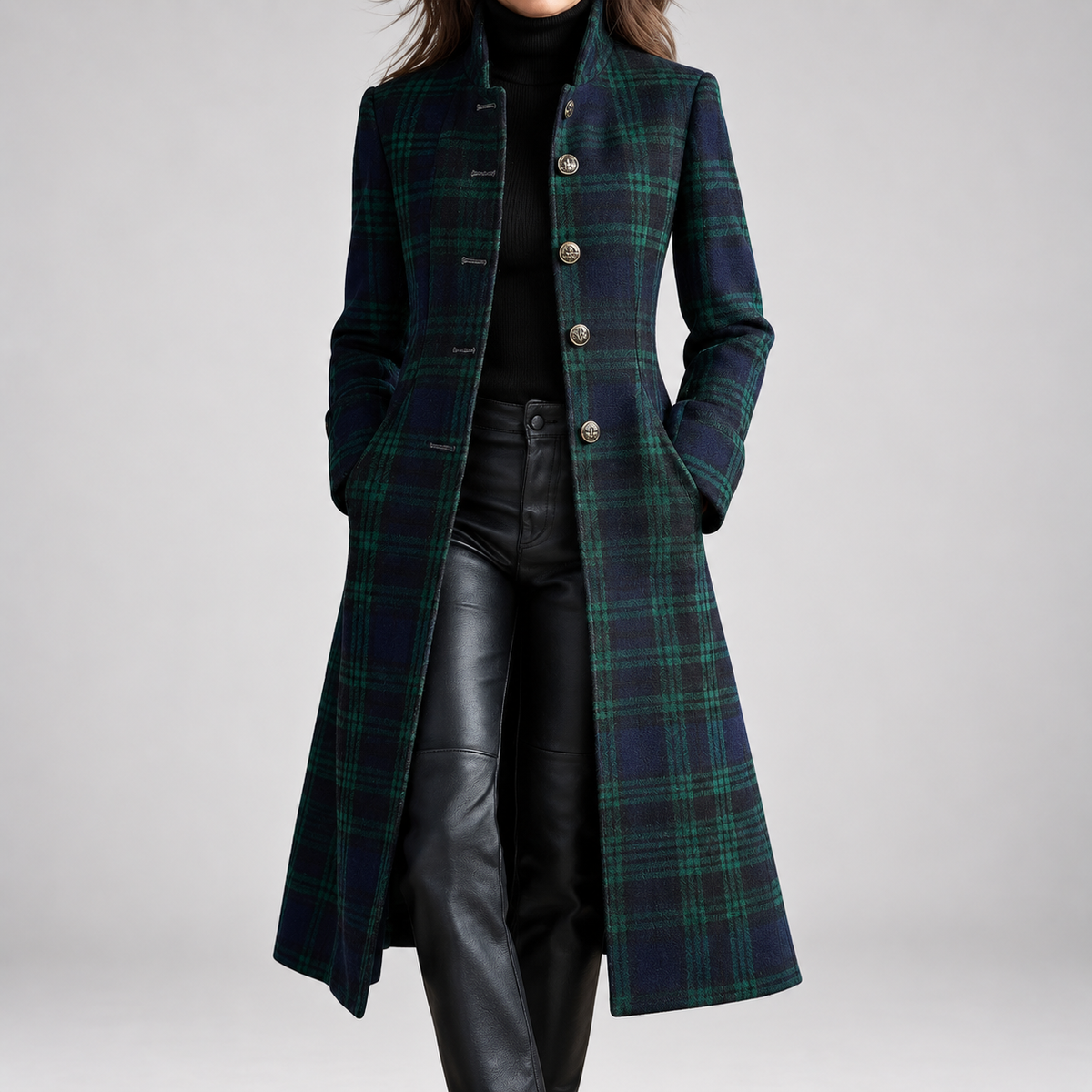 Rebecca | Manteau midi cintré à carreaux - Vert