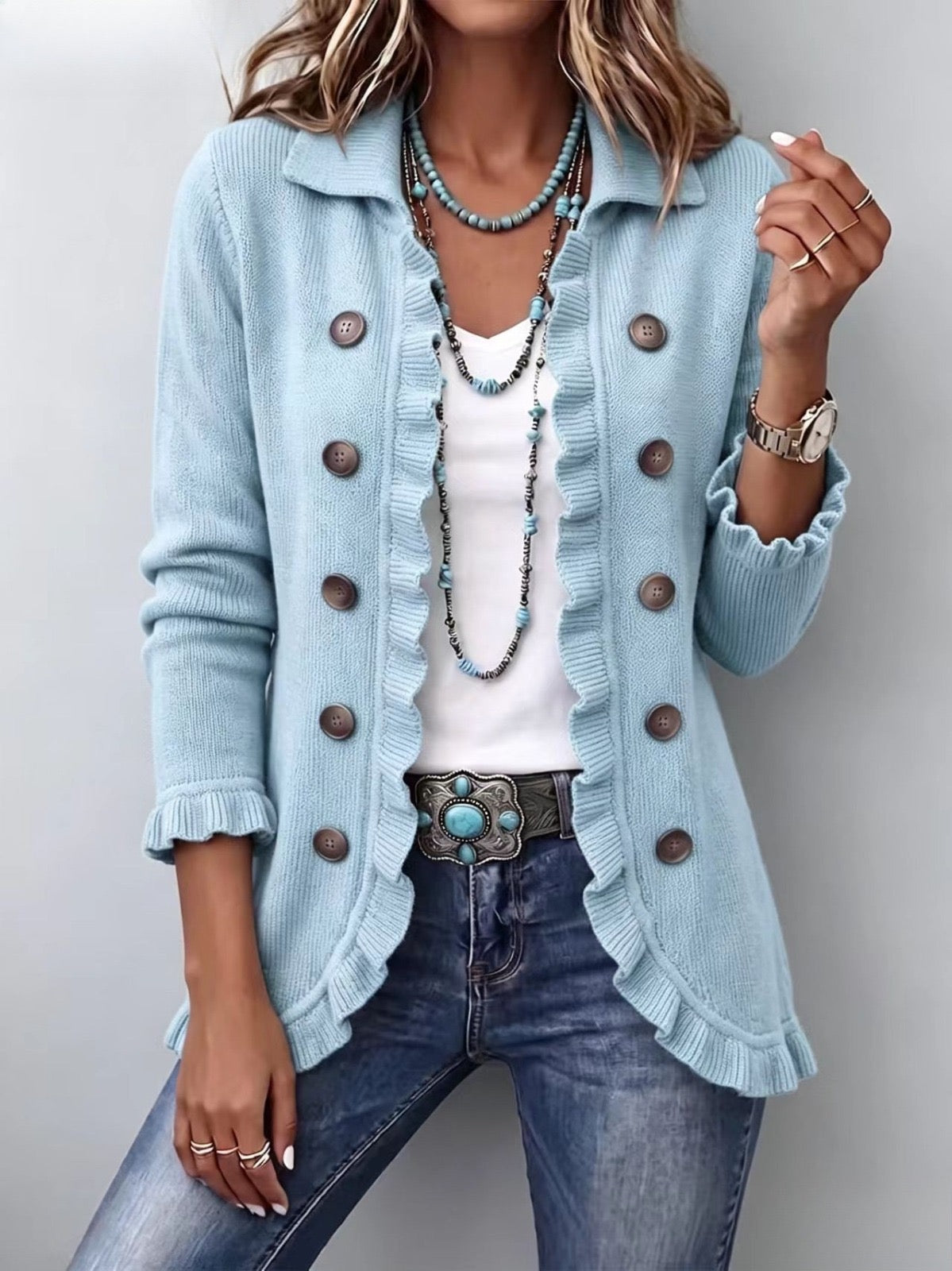 Sagrario | Veste en maille bleu poudré à volants - Bleu poudré