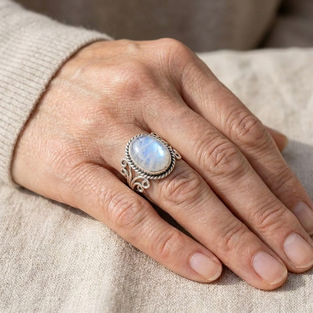Bague en pierre de lune ovale à volutes