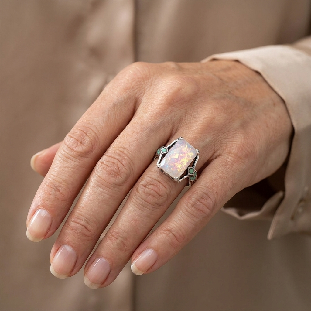 Bague en argent à opale blanche vintage