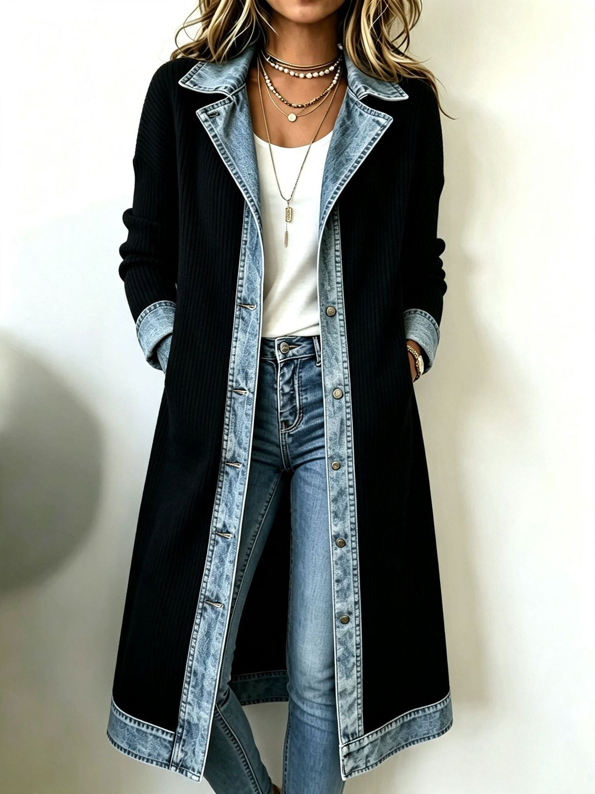 Rosalinda | Gilet long en maille à détails en jean - Noir