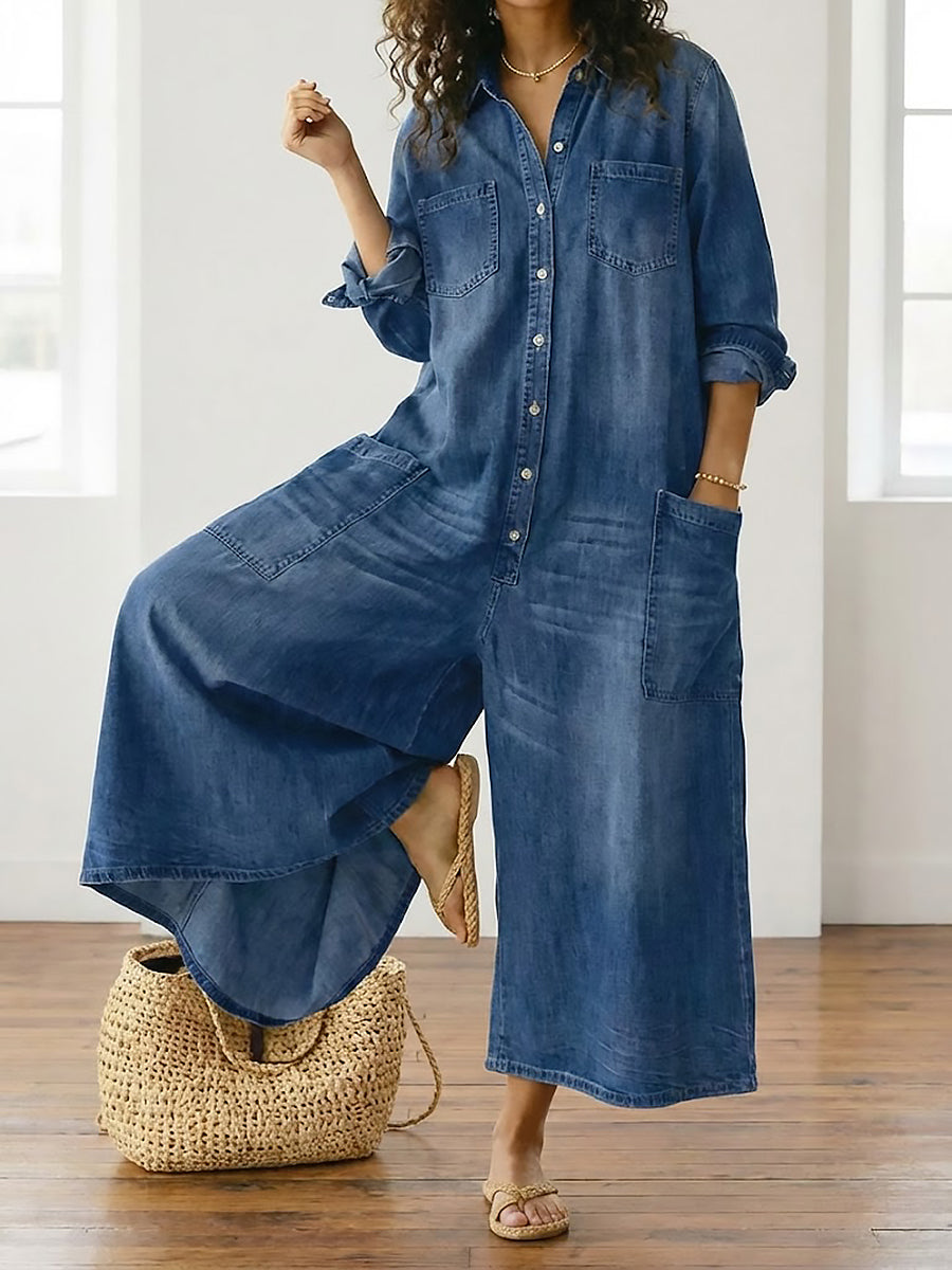 Saylor | Combinaison en jean de coton délavé vintage à boutons