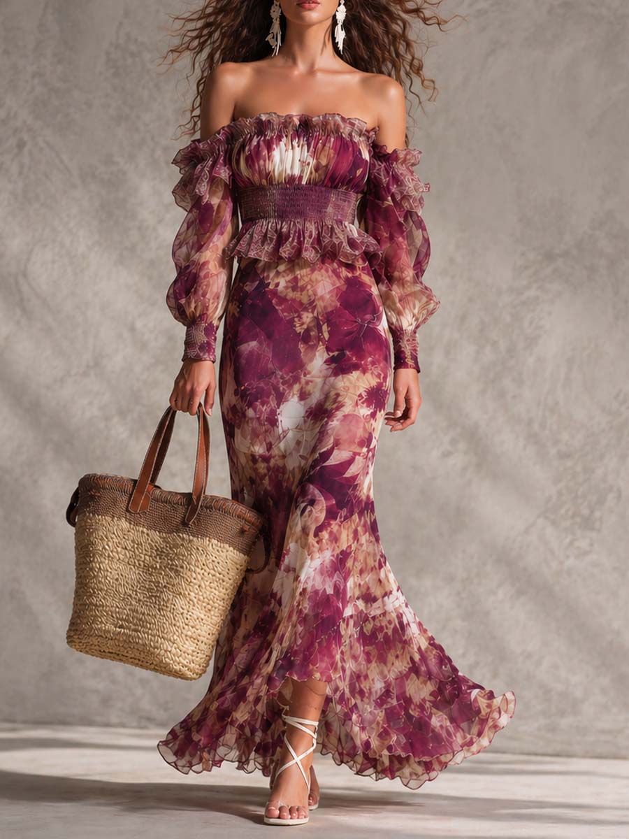 Robe longue rose en mousseline à fleurs, épaules dénudées