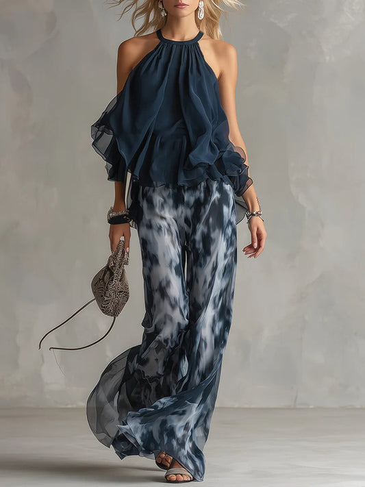 Ensemble mousseline haut dos-nu et pantalon large imprimé
