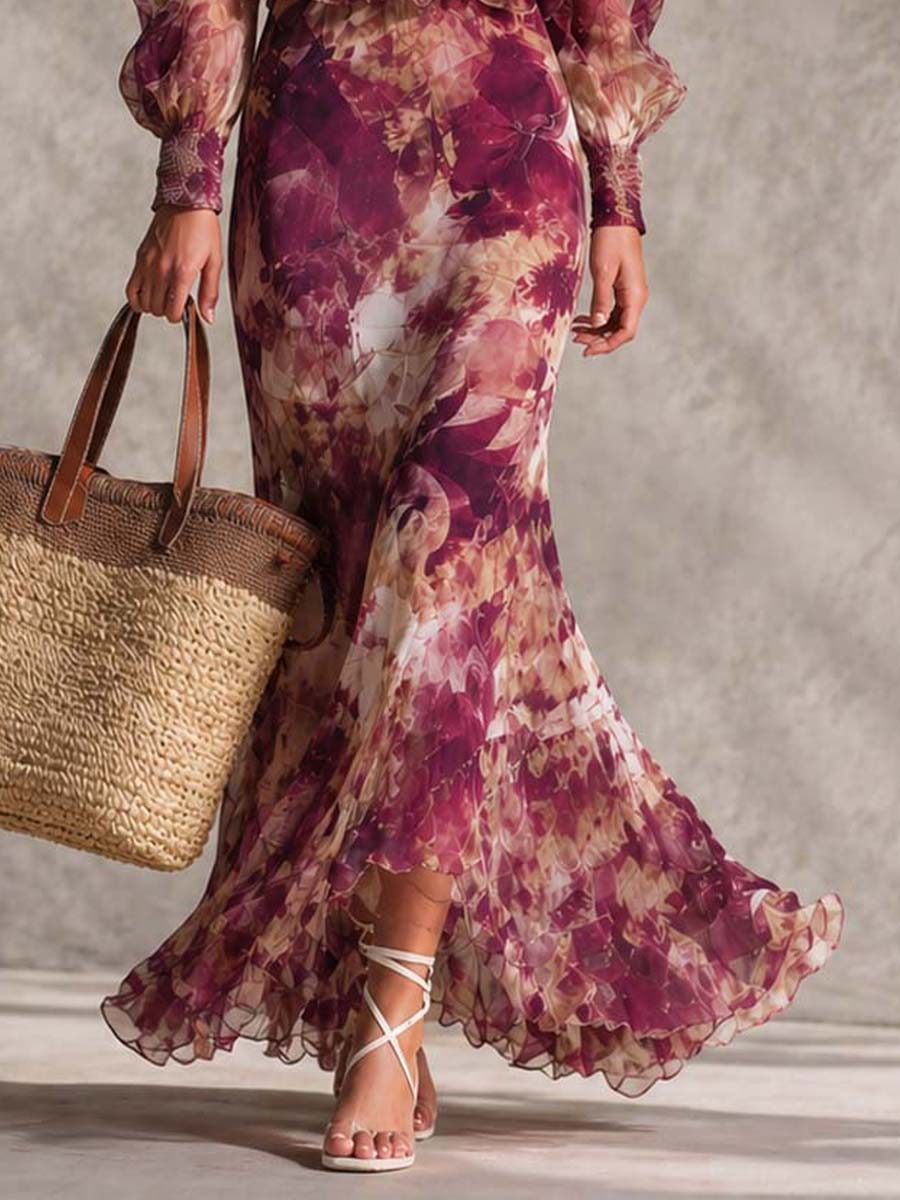 Robe longue rose en mousseline à fleurs, épaules dénudées