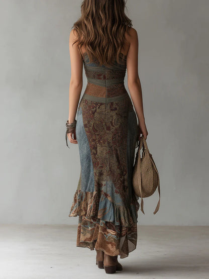Elena ∙ Robe longue asymétrique à épaule unique avec imprimé ethnique et fente haute.