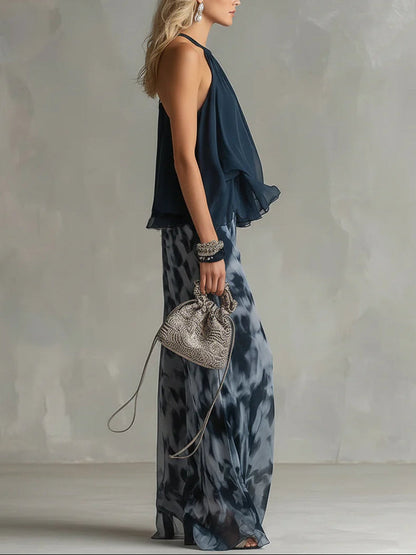 Ensemble mousseline haut dos-nu et pantalon large imprimé