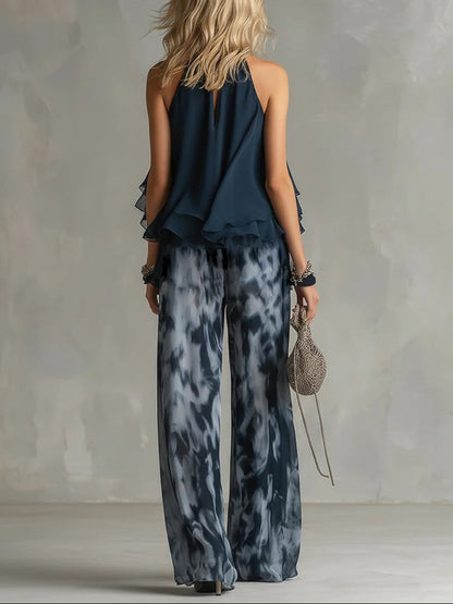 Ensemble mousseline haut dos-nu et pantalon large imprimé