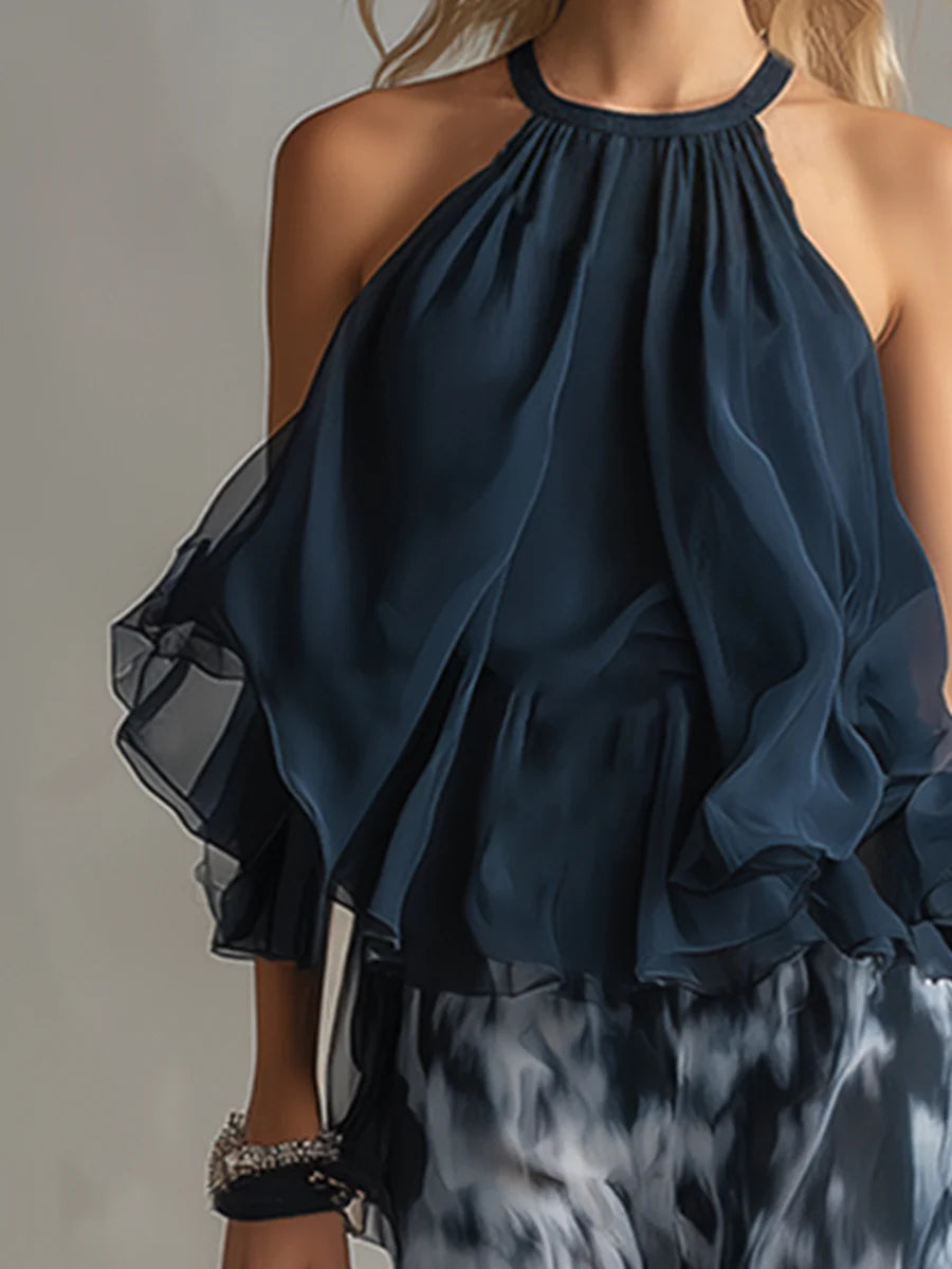 Ensemble mousseline haut dos-nu et pantalon large imprimé