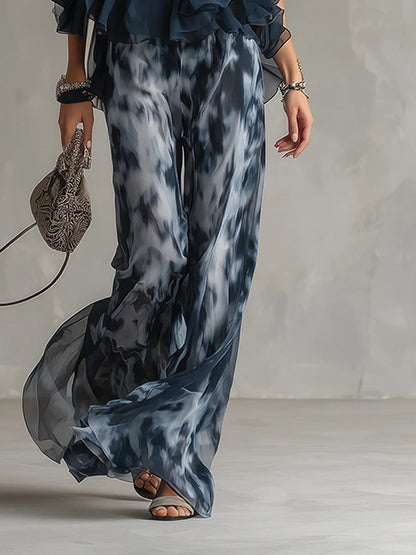 Ensemble mousseline haut dos-nu et pantalon large imprimé