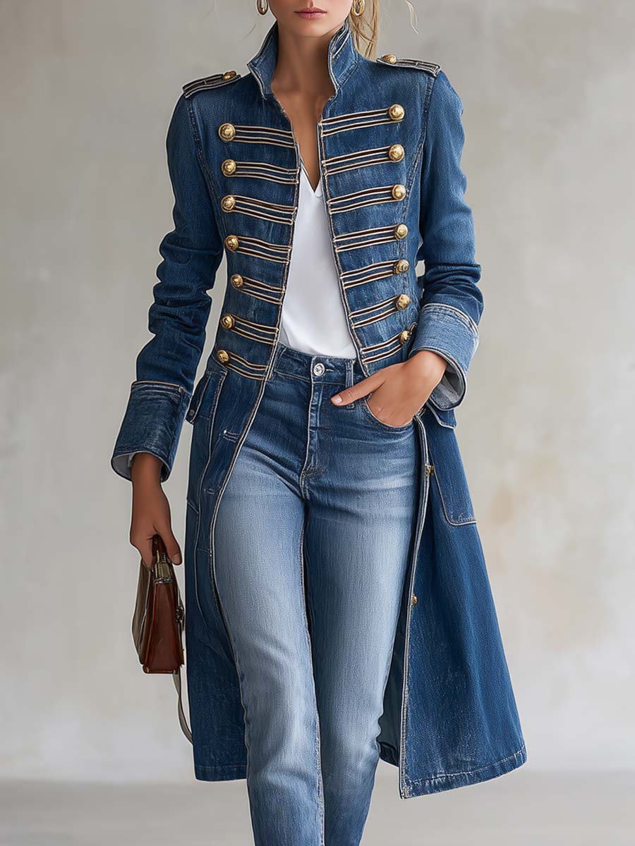 Manteau en jean long cintré style militaire à boutons dorés - Bleu
