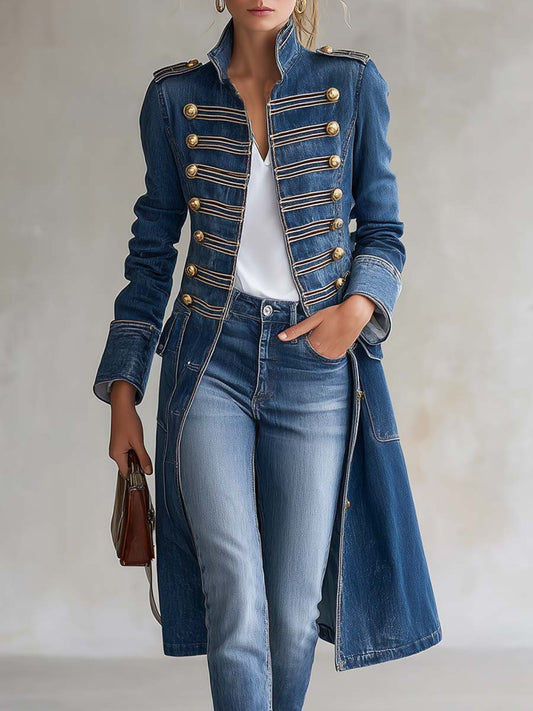 Manteau en jean long cintré style militaire à boutons dorés - Bleu