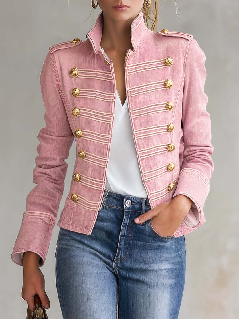 Marion | Veste en jean style militaire à boutons dorés - Rose
