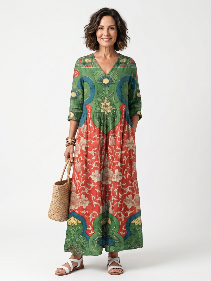 Sloane | Robe midi à col V, imprimé mélangé et poches
