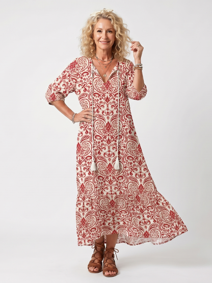 Noelle | Robe midi imprimée à liens et pompons