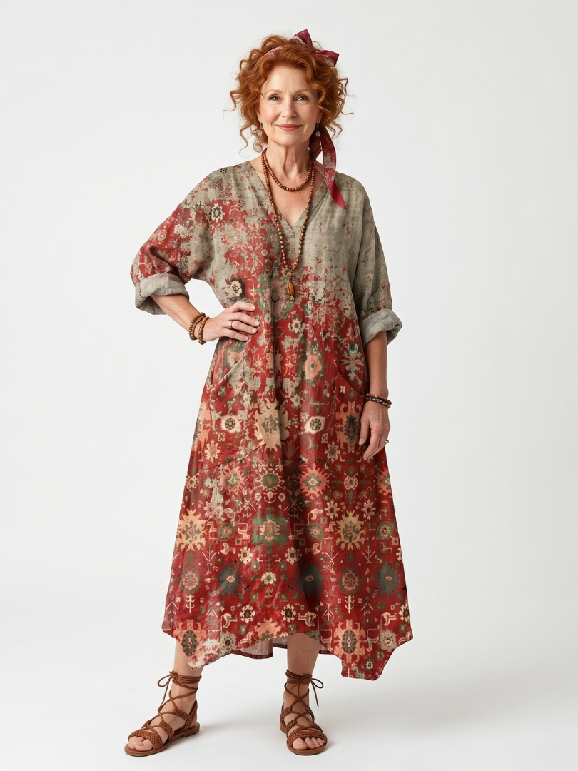 Saffron | Robe midi décontractée à poches, motif mélangé
