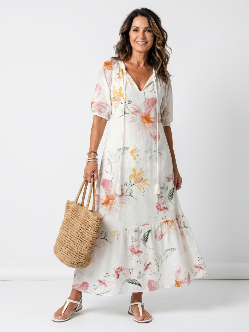 Noa | Robe midi fleurie étagée à pompons