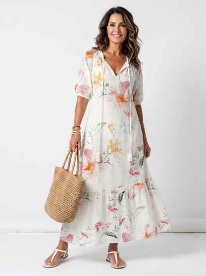 Noa | Robe midi fleurie étagée à pompons