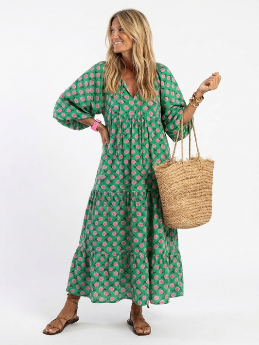 Fiora | Robe midi à volants avec imprimé floral et col en V