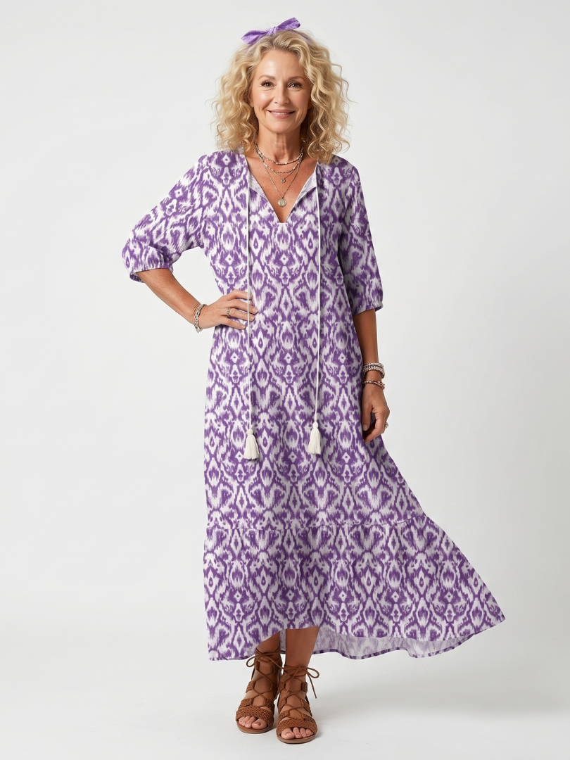 Penelope | Robe midi imprimée à liens et pompons