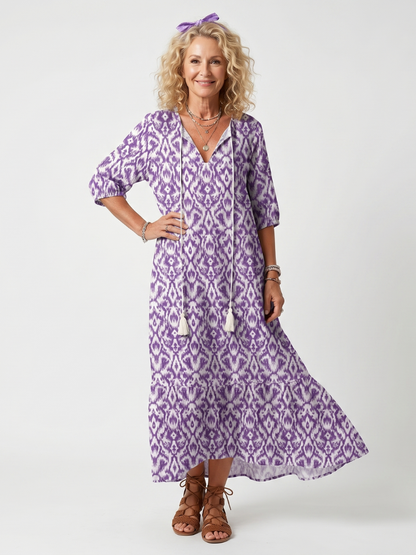 Penelope | Robe midi imprimée à liens et pompons