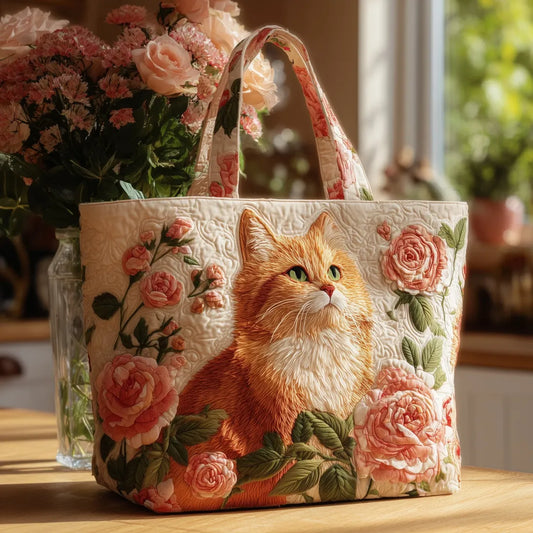 Sac artisanal matelassé - Chat roux et roses