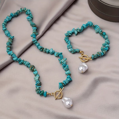 Parure collier et bracelet turquoise et perle