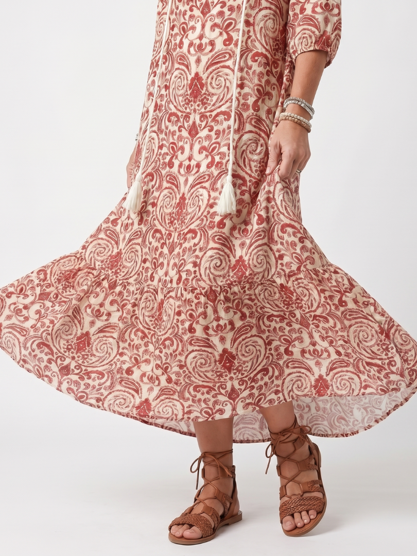 Noelle | Robe midi imprimée à liens et pompons
