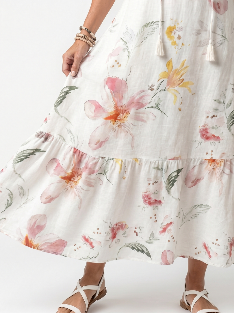 Noa | Robe midi fleurie étagée à pompons