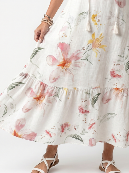 Noa | Robe midi fleurie étagée à pompons