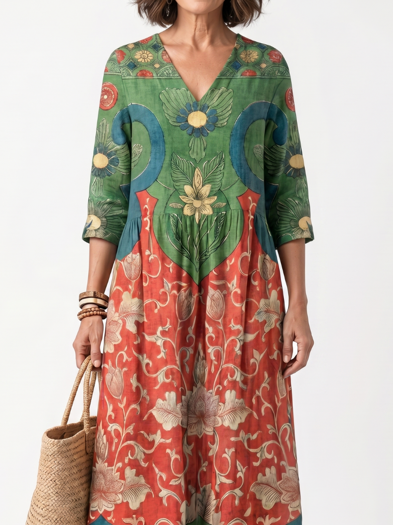 Sloane | Robe midi à col V, imprimé mélangé et poches
