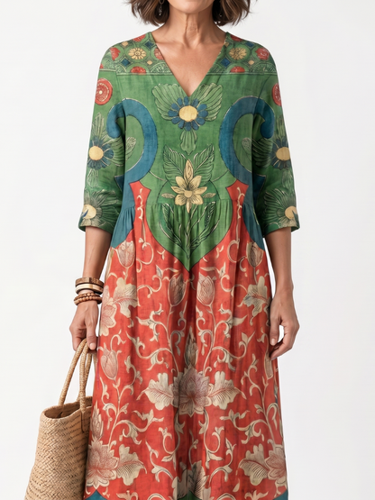 Sloane | Robe midi à col V, imprimé mélangé et poches