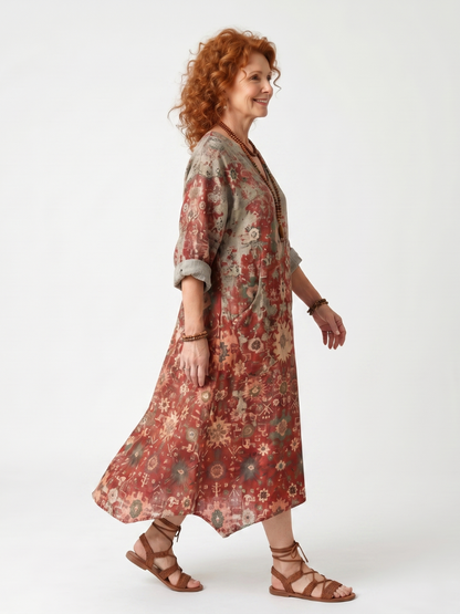 Saffron | Robe midi décontractée à poches, motif mélangé