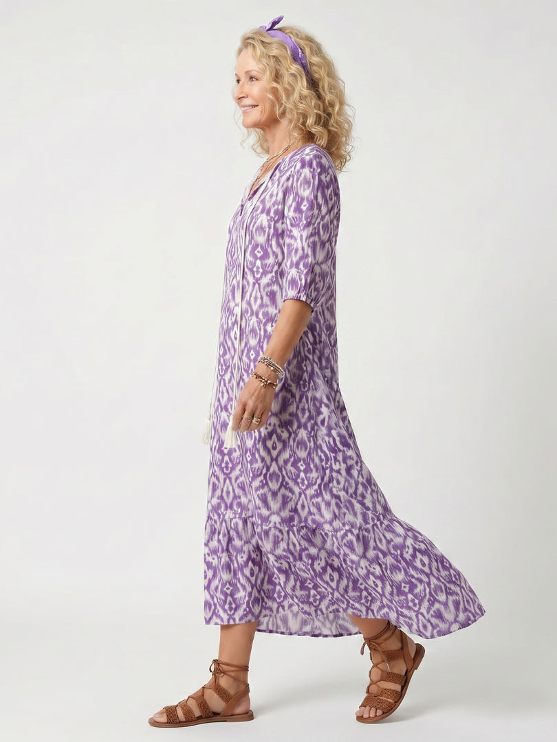 Penelope | Robe midi imprimée à liens et pompons