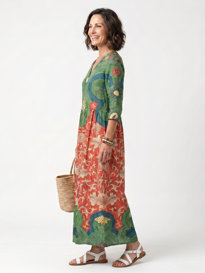 Sloane | Robe midi à col V, imprimé mélangé et poches