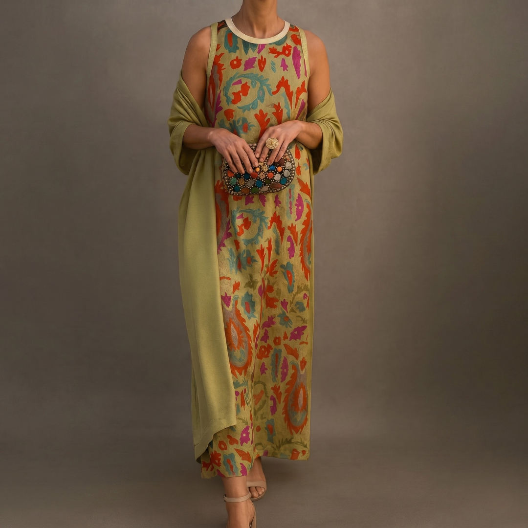 Daniela | Robe longue imprimée avec gilet assorti