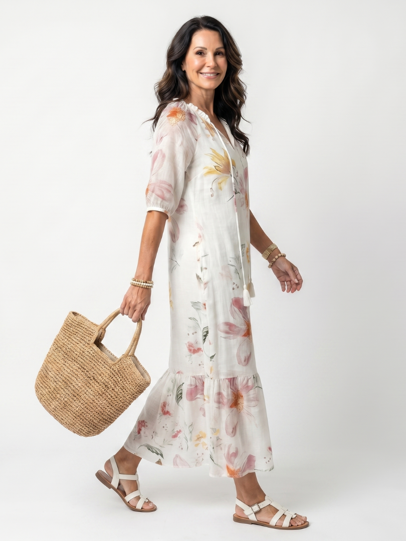 Noa | Robe midi fleurie étagée à pompons