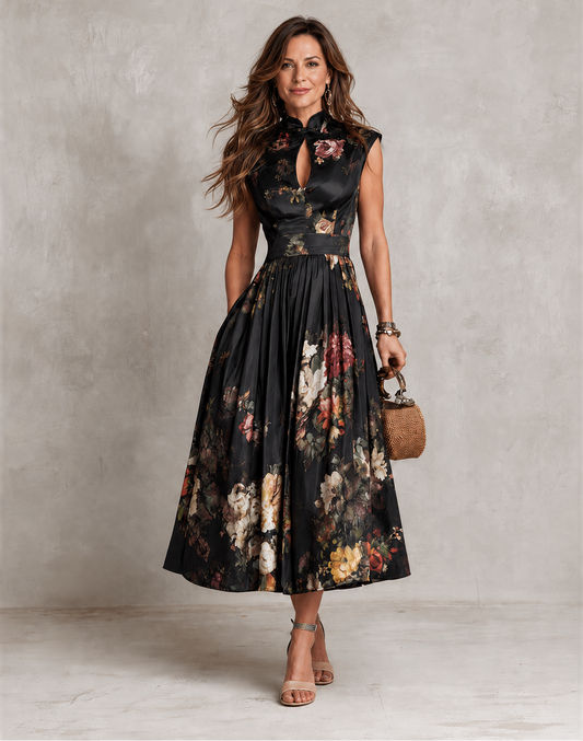 Mia | Robe mi-longue en satin plissé à col découpé