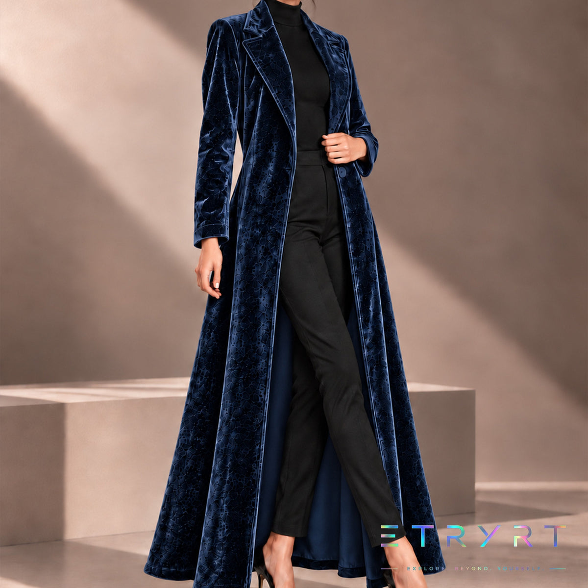 Beatrice | Manteau long en velours ouvert - Bleu marine