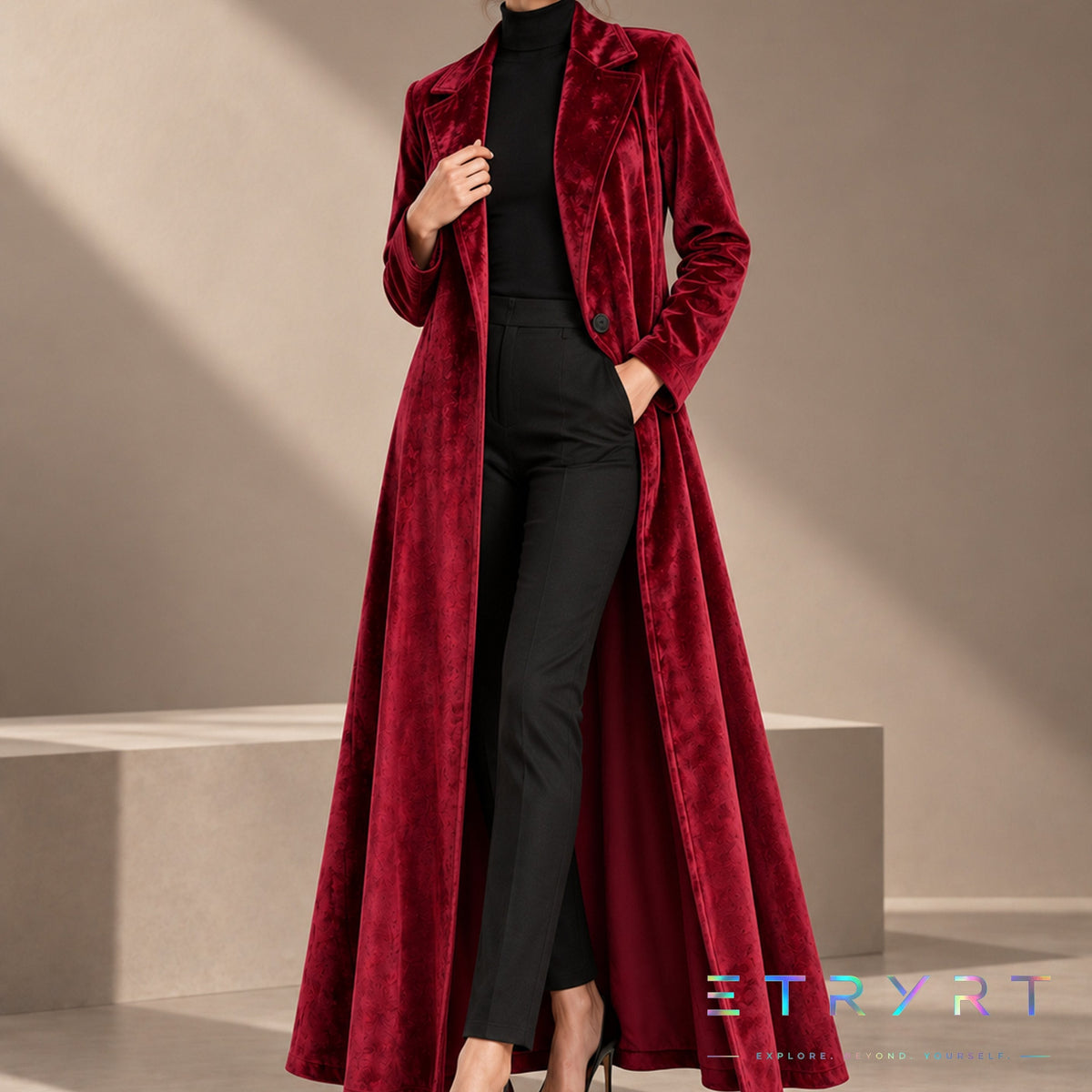 Beatrice | Manteau long en velours ouvert - Bordeaux