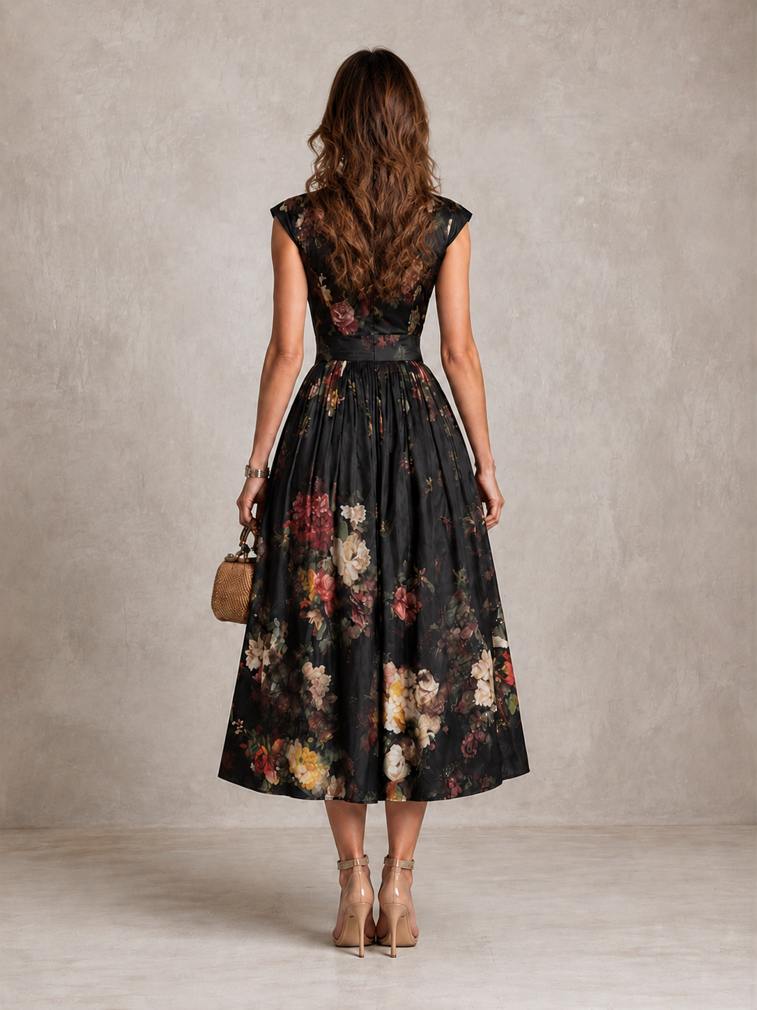 Mia | Robe mi-longue en satin plissé à col découpé