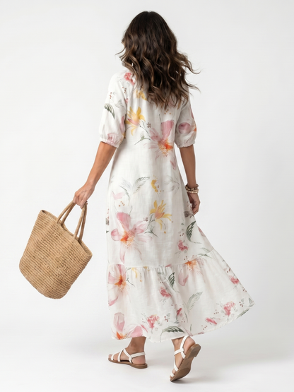 Noa | Robe midi fleurie étagée à pompons
