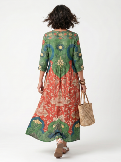 Sloane | Robe midi à col V, imprimé mélangé et poches