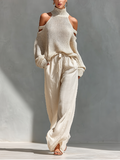 MARIA | Ensemble maille col roulé épaules dénudées et pantalon large