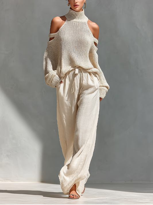 MARIA | Ensemble maille col roulé épaules dénudées et pantalon large