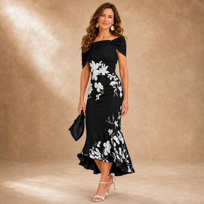 Flora | Robe mi-longue florale à épaules dénudées