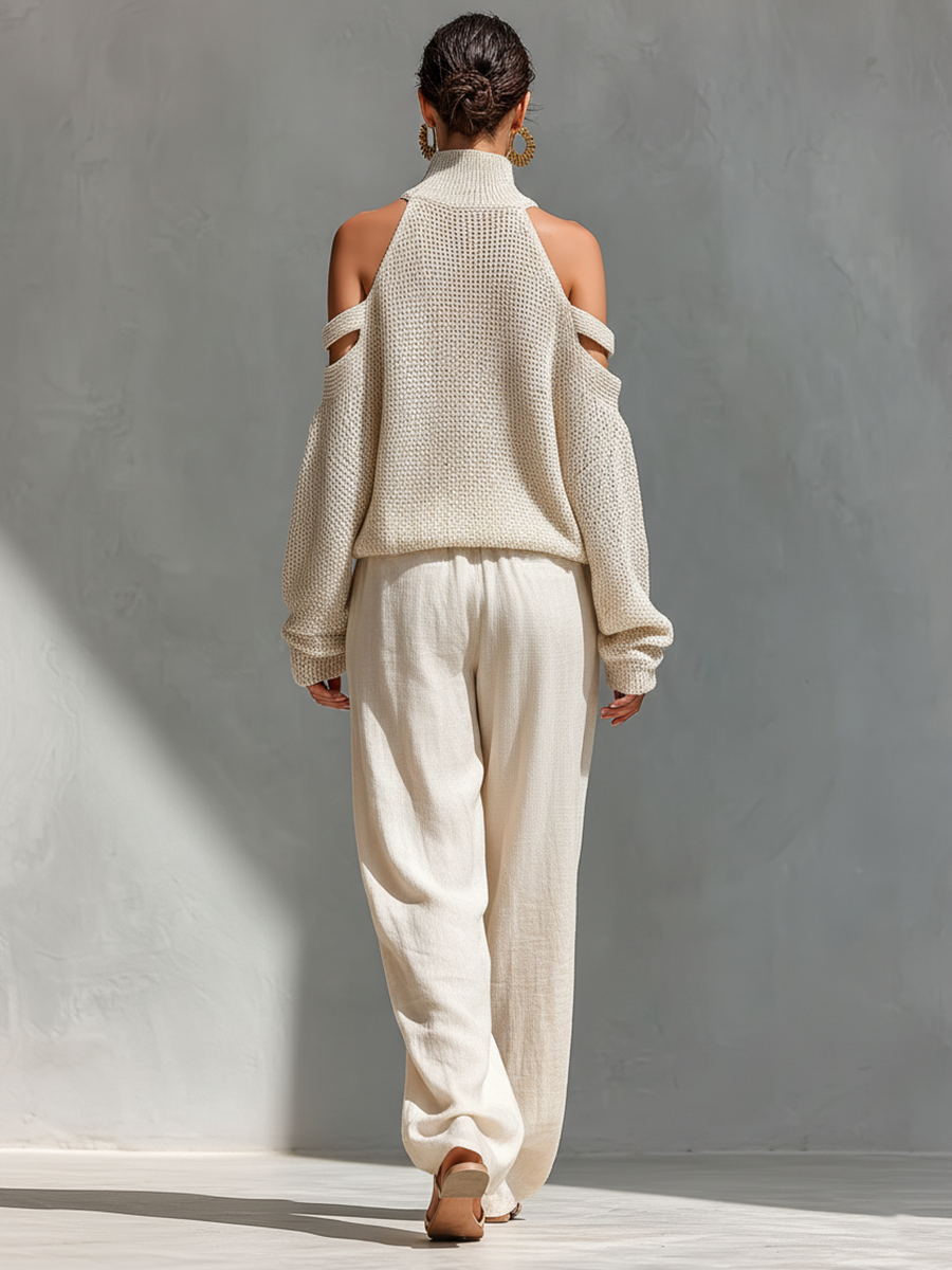 MARIA | Ensemble maille col roulé épaules dénudées et pantalon large